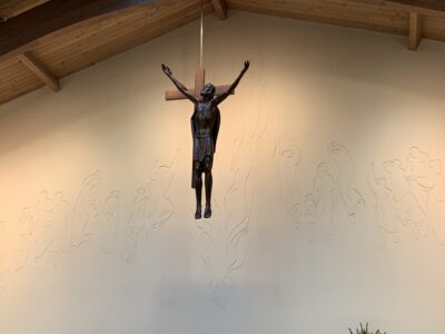a portion of the carved plaster relief behind the altar at St John the Baptist, West Seattle