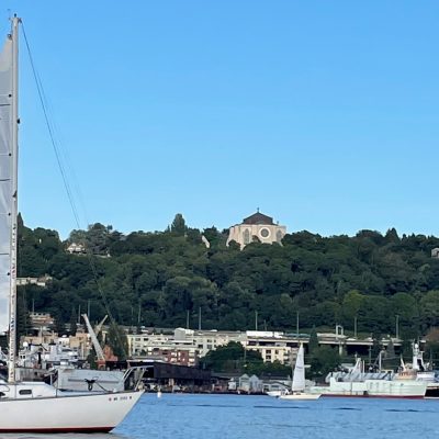St. Mark's from Lake Union, with a sailboat in the foreground